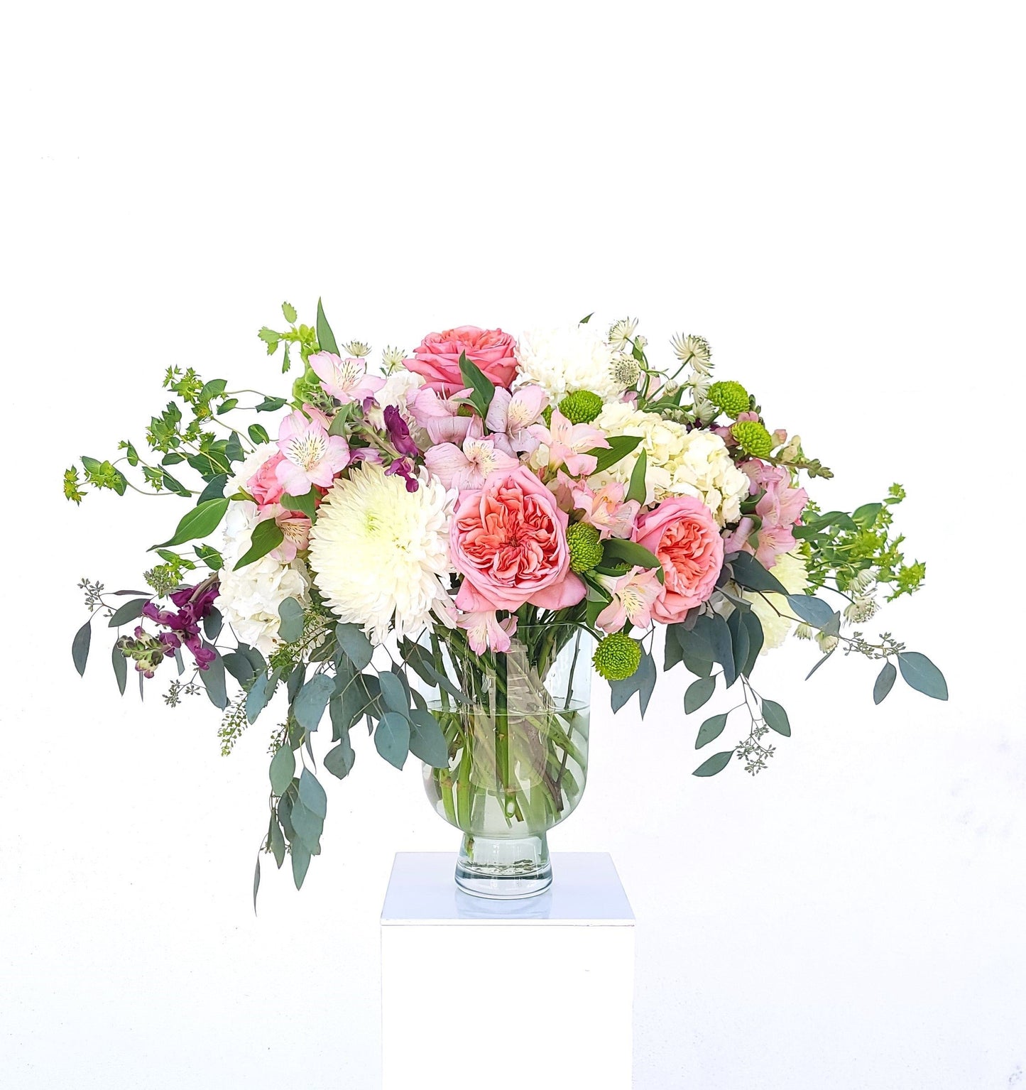 Large Pastel Fresh Flower Arrangement on pedestal